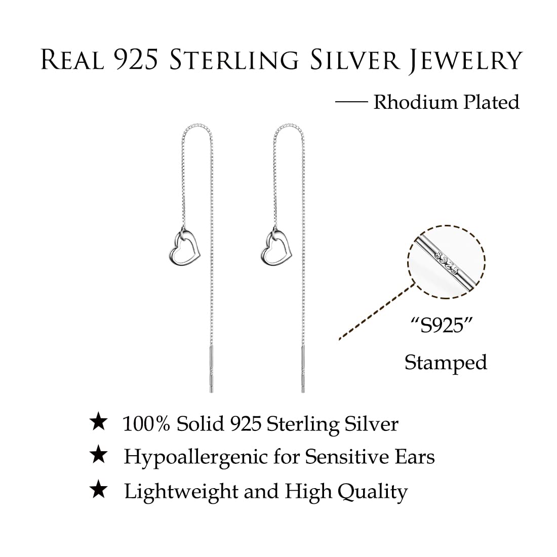 Reffeer Solid 925 Sterling Silver Love Heart Chain Dangle Earrings Tassel for Women Heart Dangle Earrings Threader Drops (A-Silver)