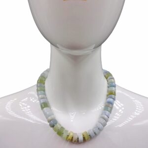 MGR MY GEMS ROCK! Beaded Button-Shape Aquamarine Statement Necklace. Non-Treated Aquamarine Stone Necklace. Collar Necklace, 18-19.50” Long.