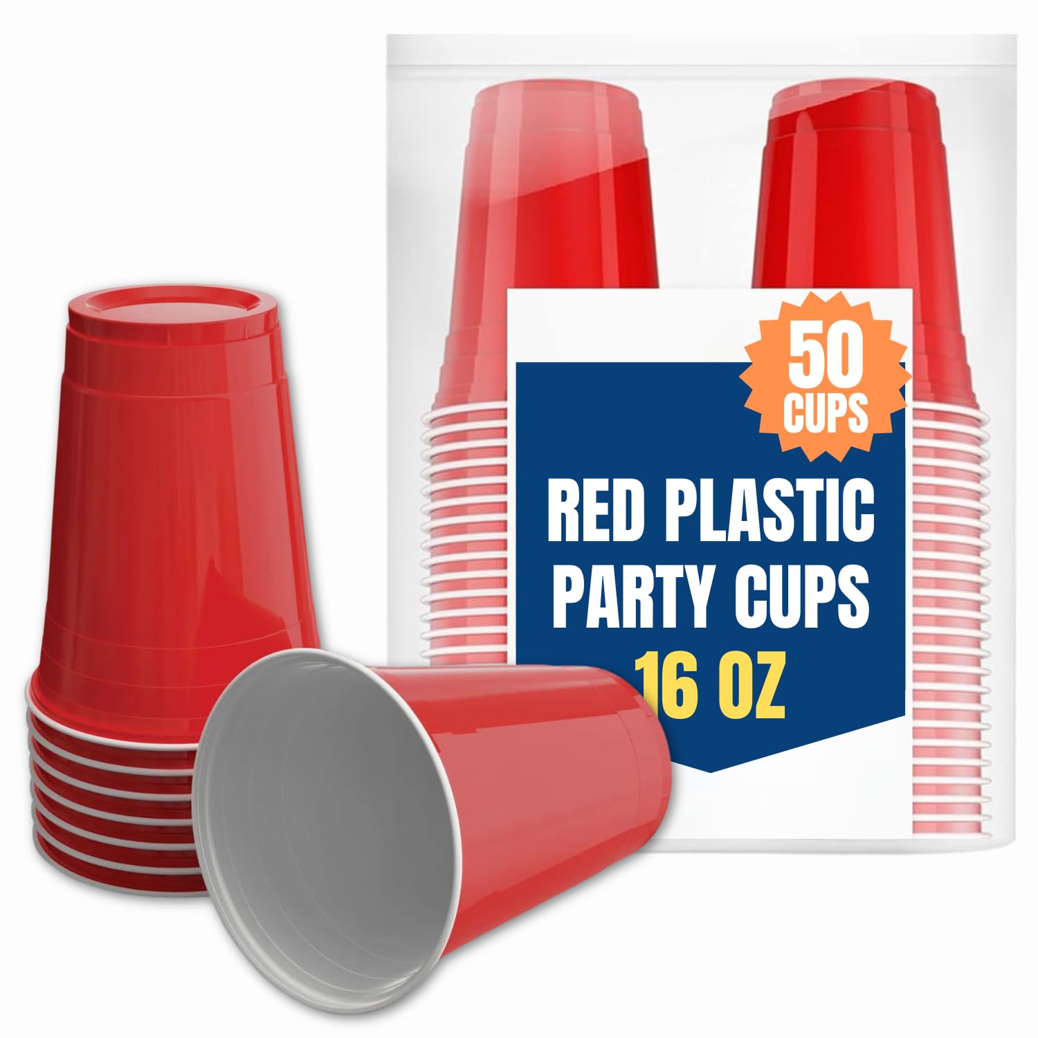 1InTheHome Red Cups 16 oz, Plastic Party Cups, Red Plastic Cups, Disposable Plastic Cups, 50 pcs