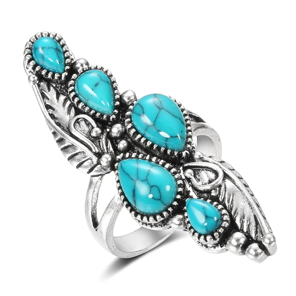 Vintage Blue Synthetic-Turquoise Ring Teardrop-shaped Stone Ring Tibet Silver Plated Fashion (US 8)