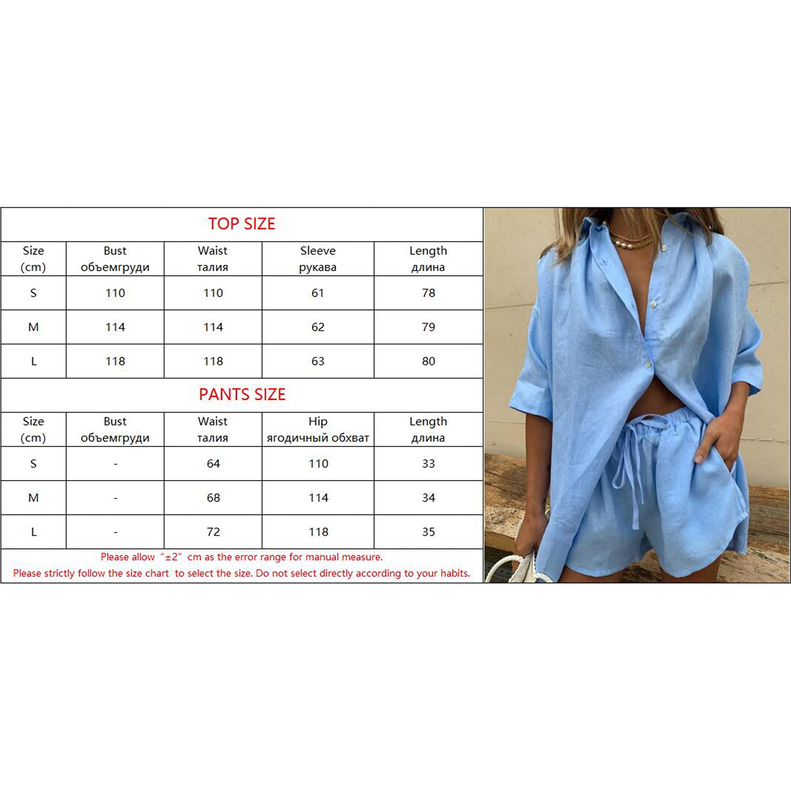 Honganda Summer Women's Casual Two Pieces Tracksuit Half Sleeve Button-Down Shirt High Waisted Shorts Set (Blue, Medium)