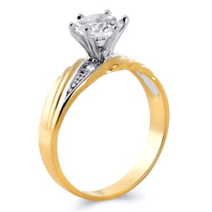 Wellingsale Ladies Solid 14k Two 2 Tone White and Yellow Gold Polished CZ Cubic Zirconia Round Cut Engagement Ring with Side Stones and Wedding Band Bridal Set - Size 4