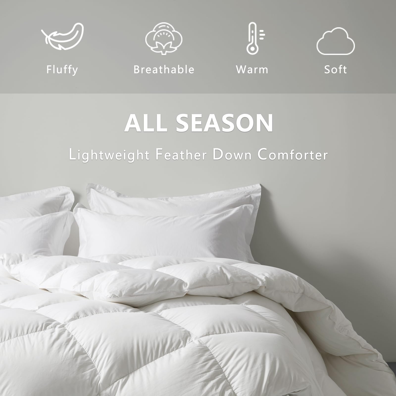 zzlamb All Season Warm Feather Down Comforter Lightweight Duvet Insert Queen Size, Durable Cotton-Blended Down Proof Shell Duvet Insert with Corner Tabs, Queen Size 90''x90'' White