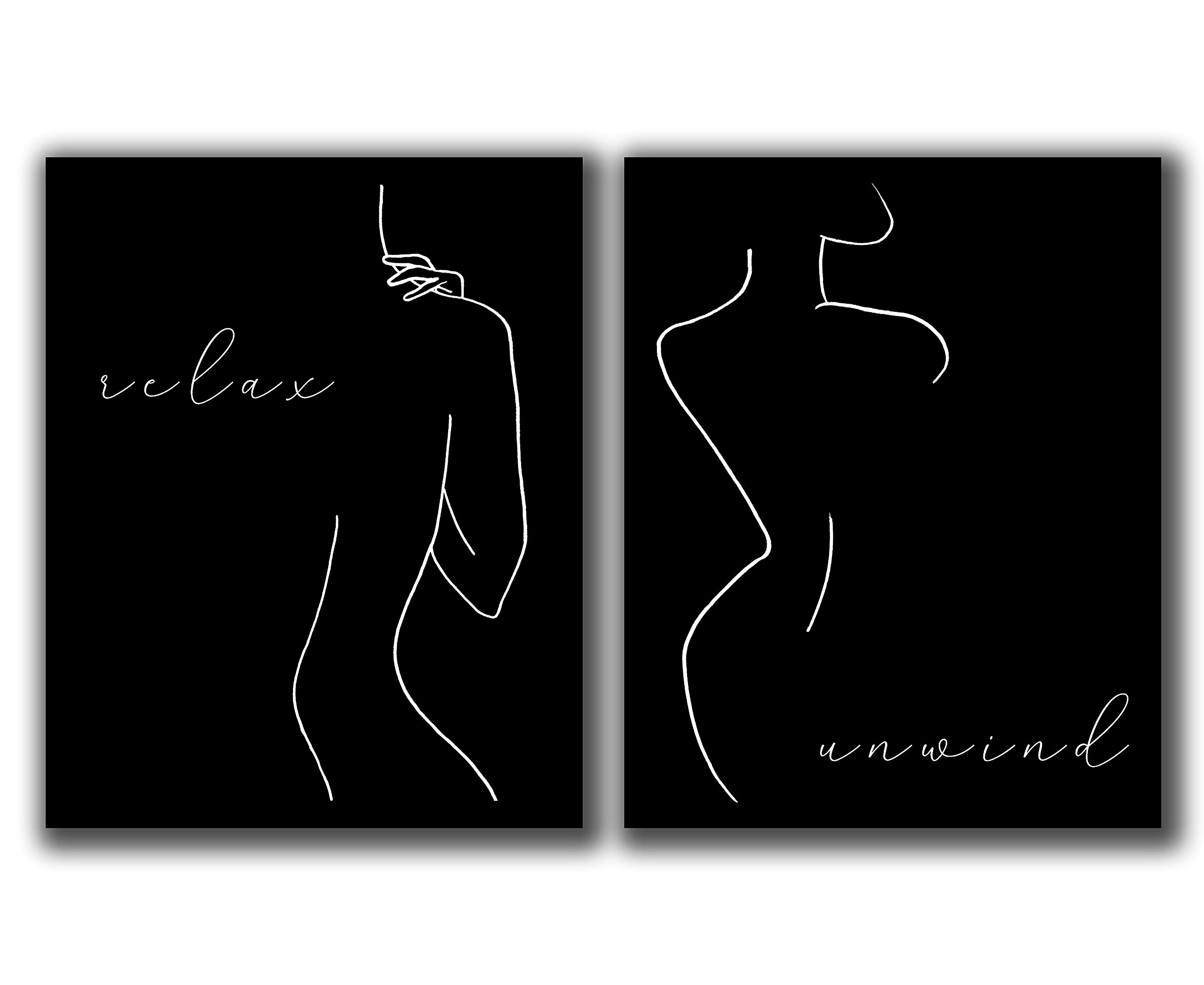 Abstract Minimalist "Relax, Unwind" Black Wall Decor - Set of 2-8"x10" UNFRAMED Prints - Modern, Minimal, Black And White Line Art - Female Figure Silhouette - Bathroom Wall Decor