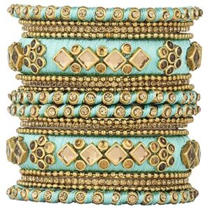 Aheli Ethnic Handmade Silk Thread Faux Stone Studded Bangle Set Chudha Indian Traditional Wedding Wear Fashion Jewelry for Women (Light Green 2.8 Inch)