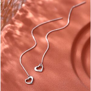 Reffeer Solid 925 Sterling Silver Love Heart Chain Dangle Earrings Tassel for Women Heart Dangle Earrings Threader Drops (A-Silver)