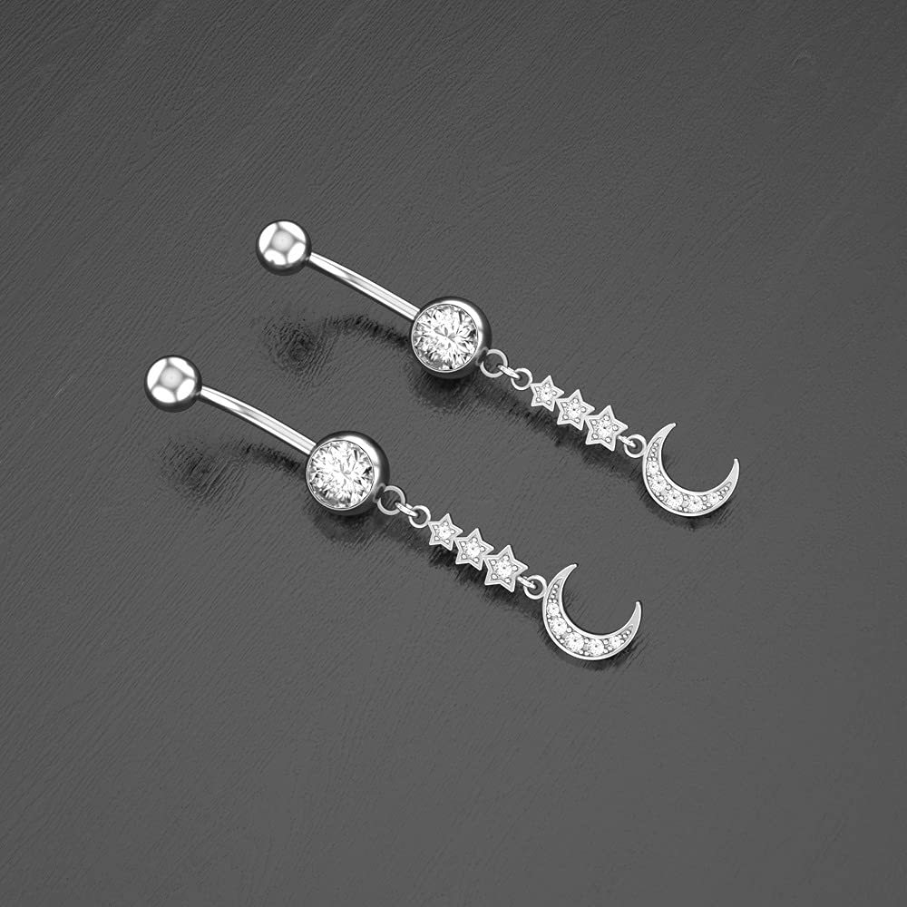 Evil Eye Belly Button Rings Surgical Steel Sexy Moon Dangle Zircon Stainless Steel Cute Dainty Boho Crescent Moon Demon Eye Belly Dangle Button Ring Set Hypoallergenic Body Piercing Jewelry (Silver)