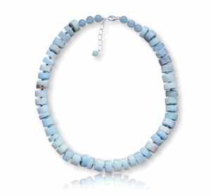 mgr my gems rock! beaded button-shape aquamarine statement necklace. non-treated aquamarine stone necklace. collar necklace, 18-19.50” long.