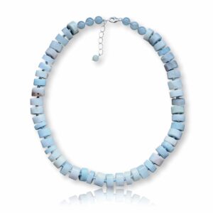 MGR MY GEMS ROCK! Beaded Button-Shape Aquamarine Statement Necklace. Non-Treated Aquamarine Stone Necklace. Collar Necklace, 18-19.50” Long.