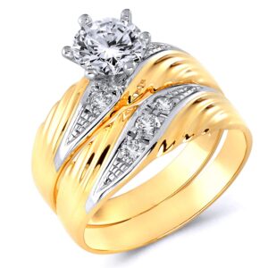 Wellingsale Ladies Solid 14k Two 2 Tone White and Yellow Gold Polished CZ Cubic Zirconia Round Cut Engagement Ring with Side Stones and Wedding Band Bridal Set - Size 4