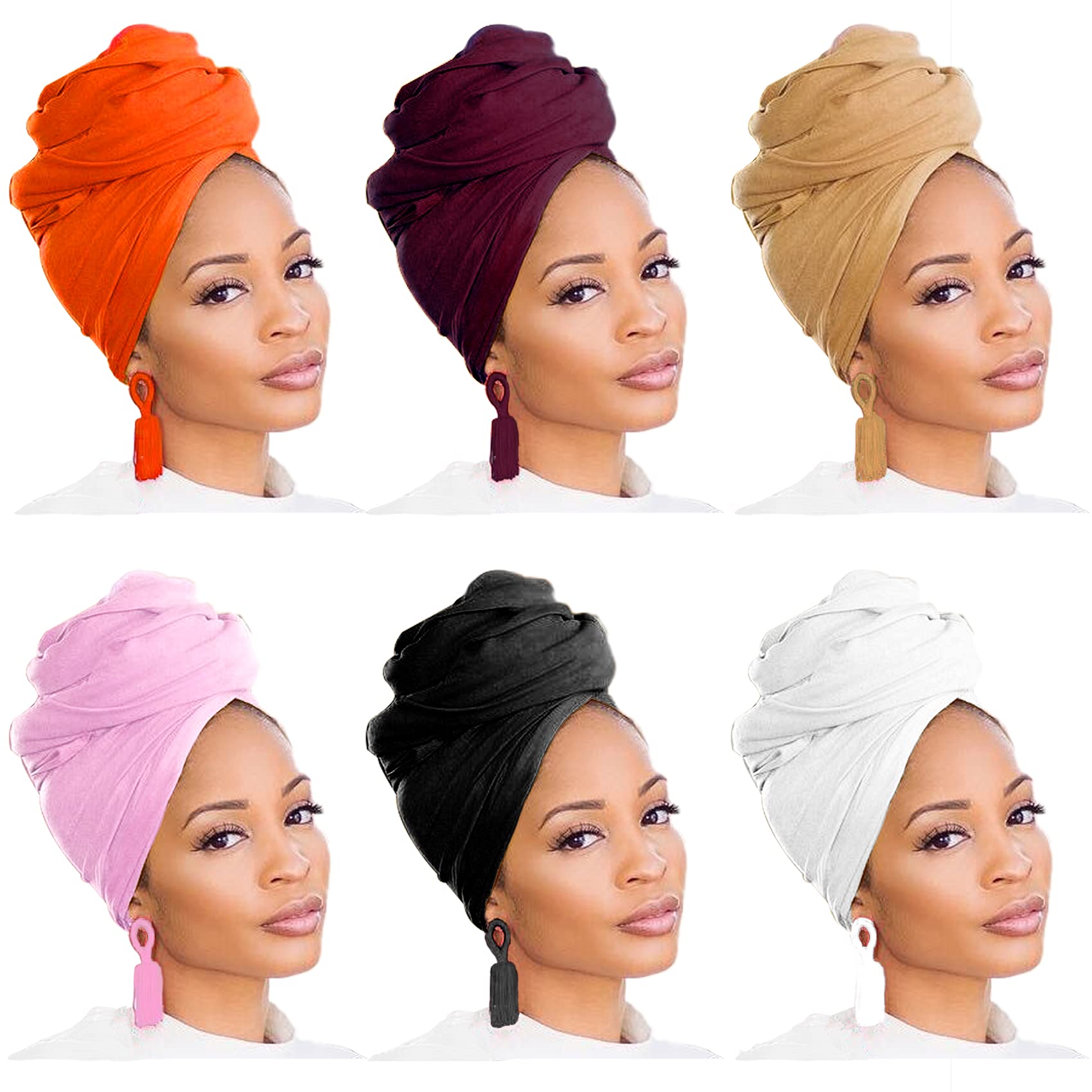 Jelyne 6 Packs Headwraps for Black Women Long Stretch Jersey Head Wrap Hair Scarf Solid Color African Fashion Headwrap