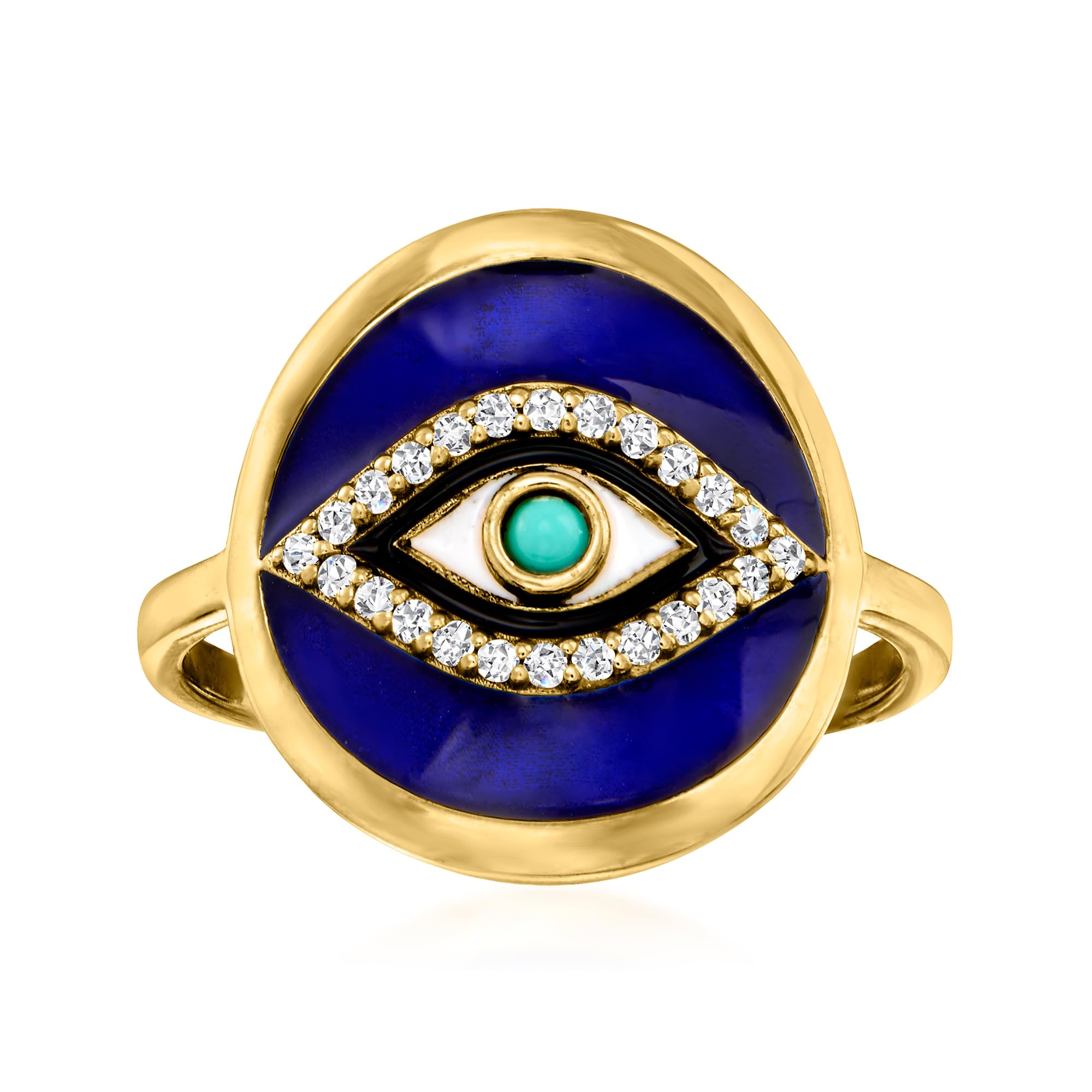 Ross-Simons 0.10 ct. t.w. White Topaz and Multicolored Enamel Evil Eye Ring With Turquoise in 18kt Gold Over Sterling. Size 9