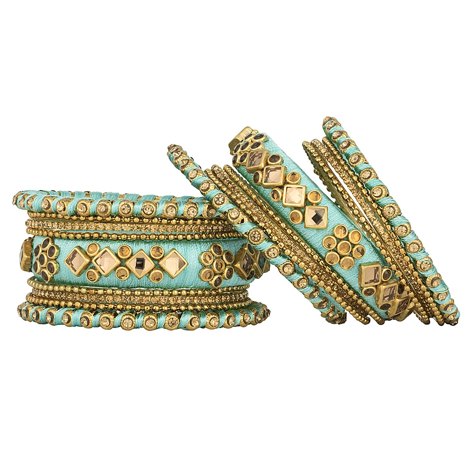 Aheli Ethnic Handmade Silk Thread Faux Stone Studded Bangle Set Chudha Indian Traditional Wedding Wear Fashion Jewelry for Women (Light Green 2.8 Inch)