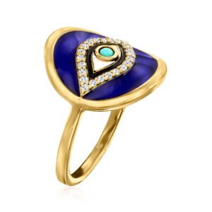 Ross-Simons 0.10 ct. t.w. White Topaz and Multicolored Enamel Evil Eye Ring With Turquoise in 18kt Gold Over Sterling. Size 9