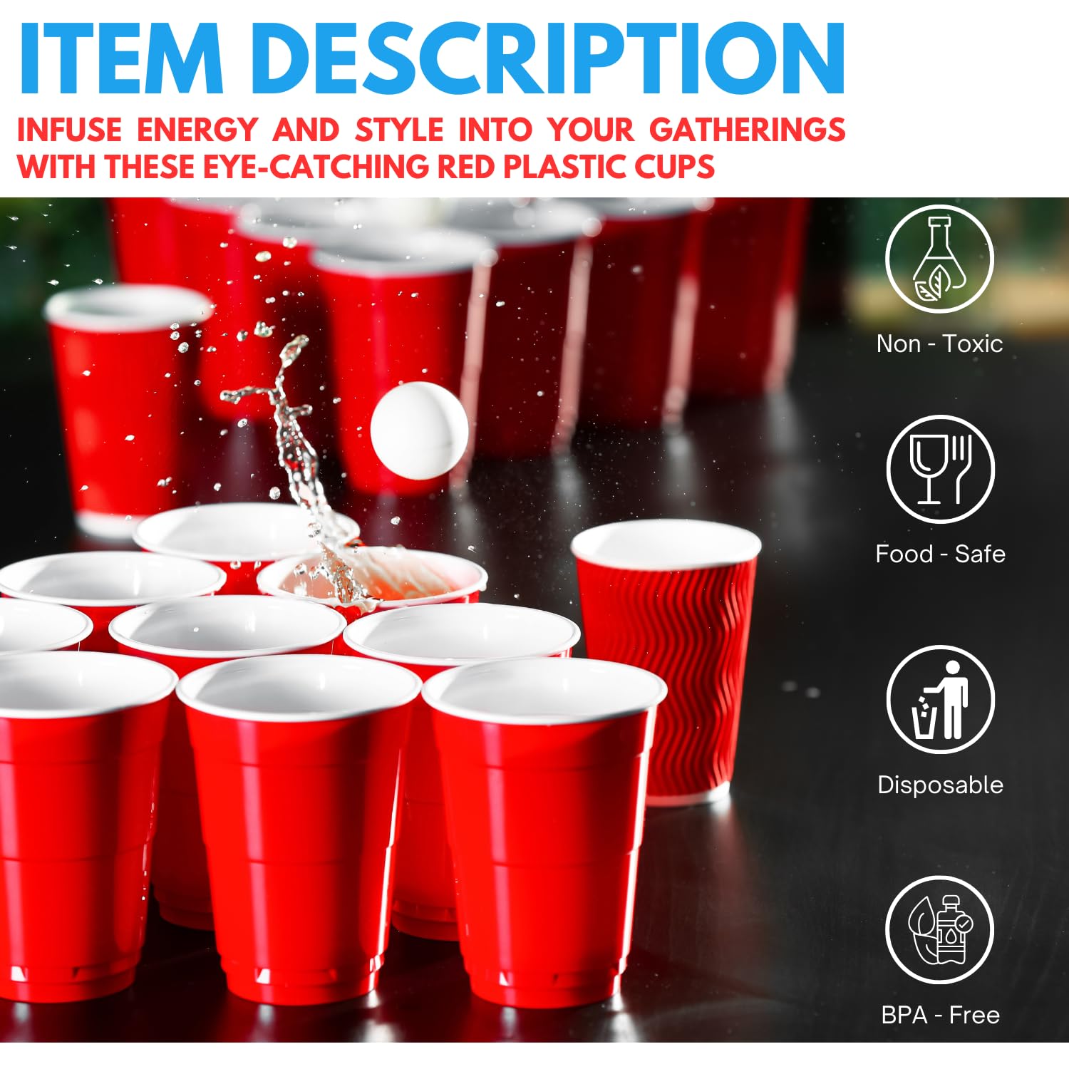 1InTheHome Red Cups 16 oz, Plastic Party Cups, Red Plastic Cups, Disposable Plastic Cups, 50 pcs