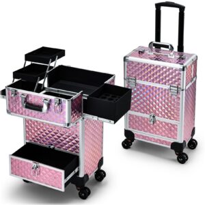 Rolling Makeup Case with Drawer Cosmetology Case on Wheels Makeup Trolley Sliding Drawer Makeup Travel Case for Esthetician, Mobile Stylist, Manicurist Barber Case Traveling Cart Trunk Glitter Pink