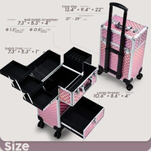 Rolling Makeup Case with Drawer Cosmetology Case on Wheels Makeup Trolley Sliding Drawer Makeup Travel Case for Esthetician, Mobile Stylist, Manicurist Barber Case Traveling Cart Trunk Glitter Pink