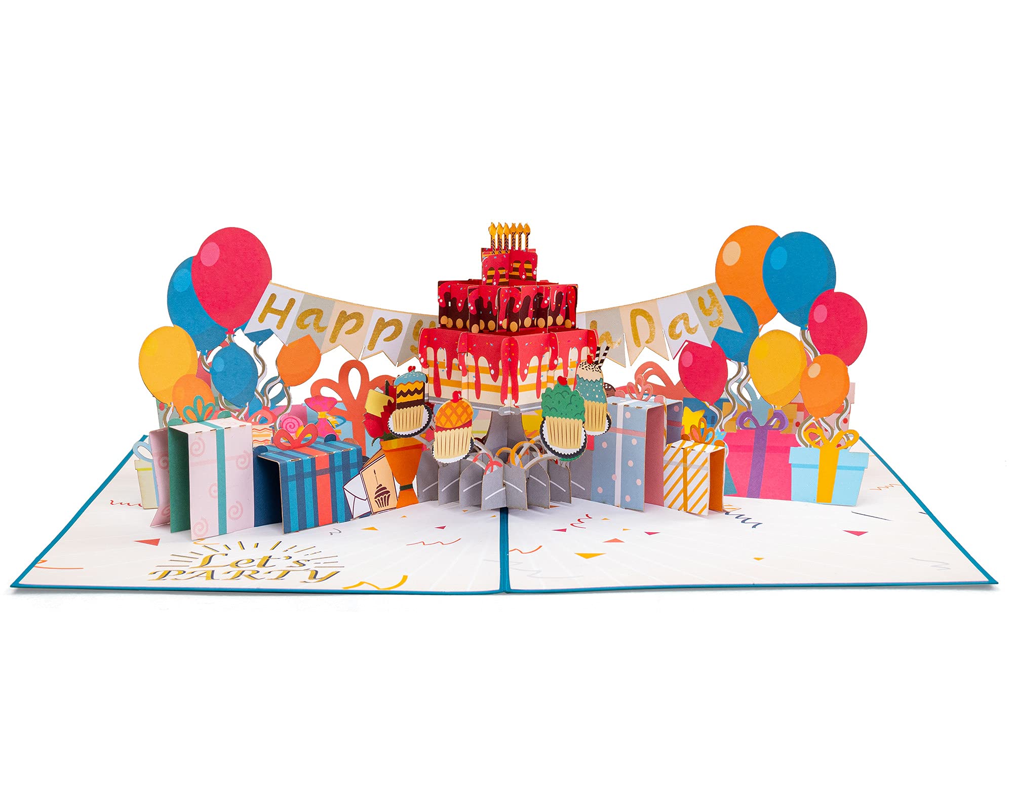 Paper Love Happy Birthday Party, Pop Up Birthday Card, Handmade 3D Popup Bday Greeting Cards, For Him Her Boy Girl Kids Adults, 5" x 7"