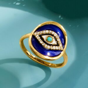 Ross-Simons 0.10 ct. t.w. White Topaz and Multicolored Enamel Evil Eye Ring With Turquoise in 18kt Gold Over Sterling. Size 9