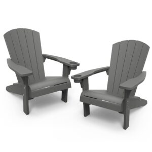 Keter Alpine Adirondack 2 Pack Resin Outdoor Furniture Patio Chairs with Cup Holder-Perfect for Beach, Pool, and Fire Pit Seating, Dark Grey