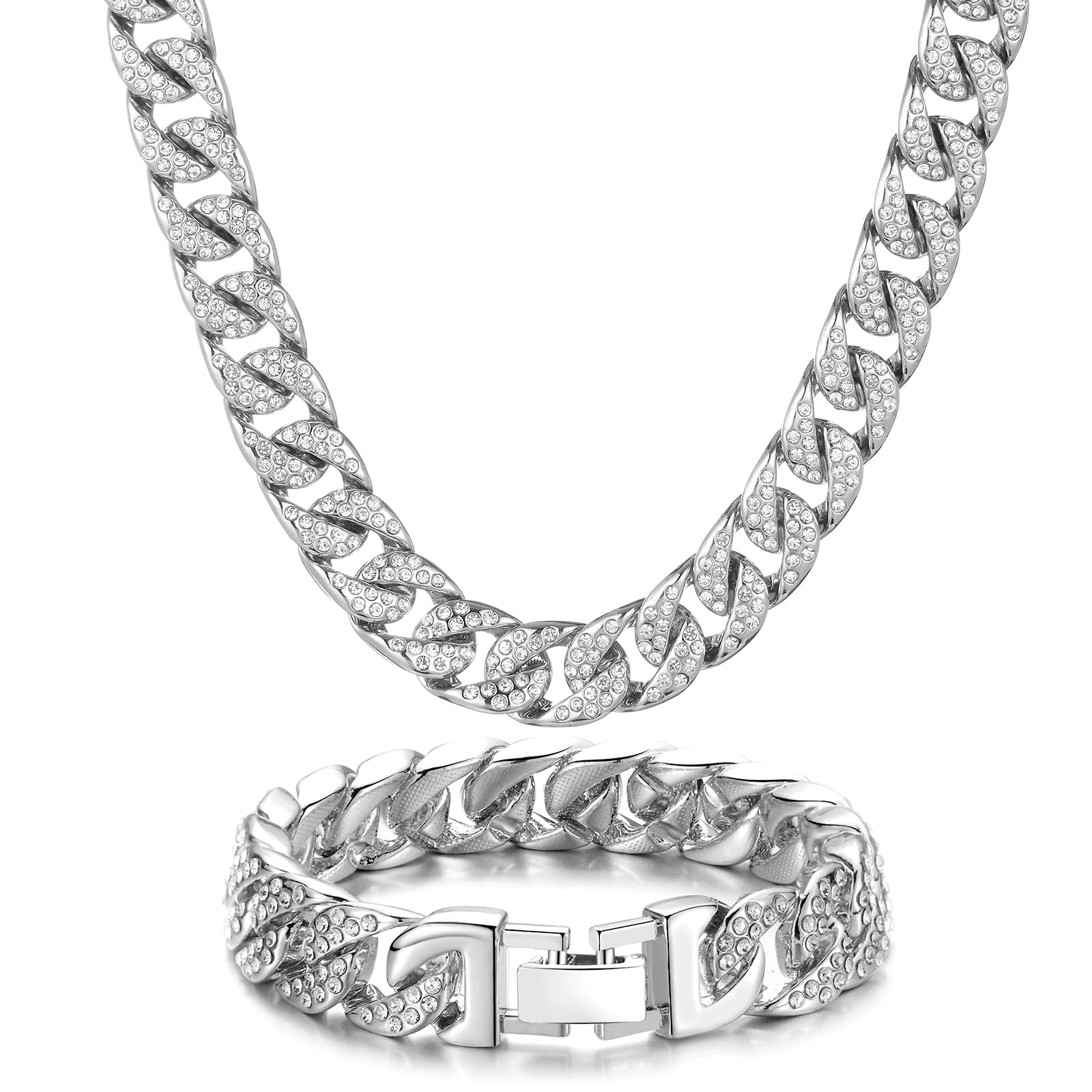 Cuban Link Chain For Men Necklace Bracelet Jewelry Set Silver Fake Diamond Iced Out Mens Bling Thick Necklaces Chains (Silver-14mm,20inch)