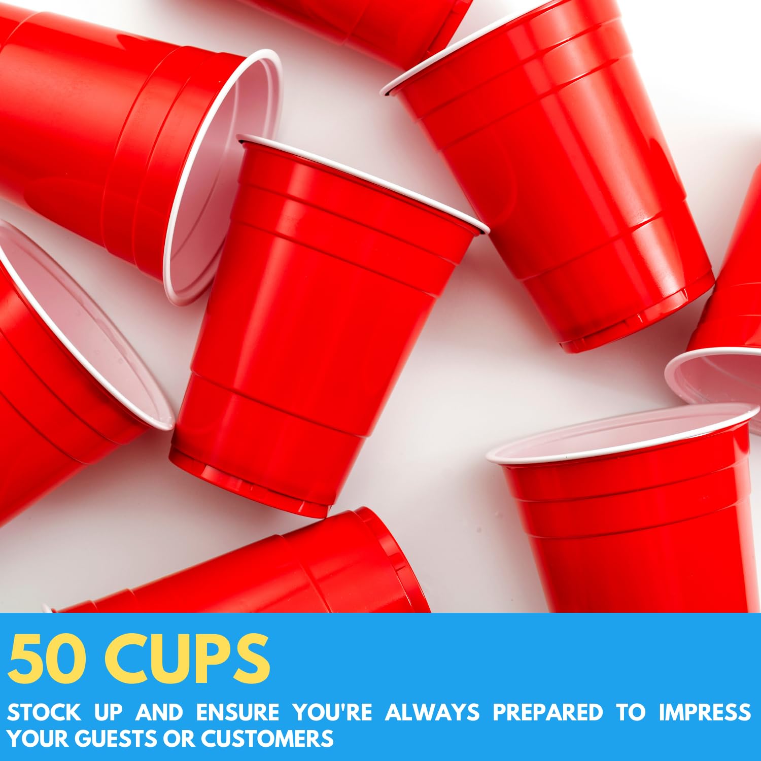 1InTheHome Red Cups 16 oz, Plastic Party Cups, Red Plastic Cups, Disposable Plastic Cups, 50 pcs