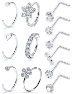 ftovosyo 20g surgical steel nose rings hoop for women men, paved cz flower piercing jewelry l shaped nose ring stud set