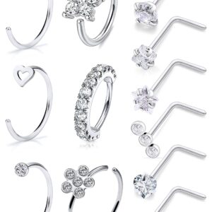 Ftovosyo 20G Surgical Steel Nose Rings Hoop for Women Men, Paved CZ Flower Piercing Jewelry L Shaped Nose Ring Stud Set