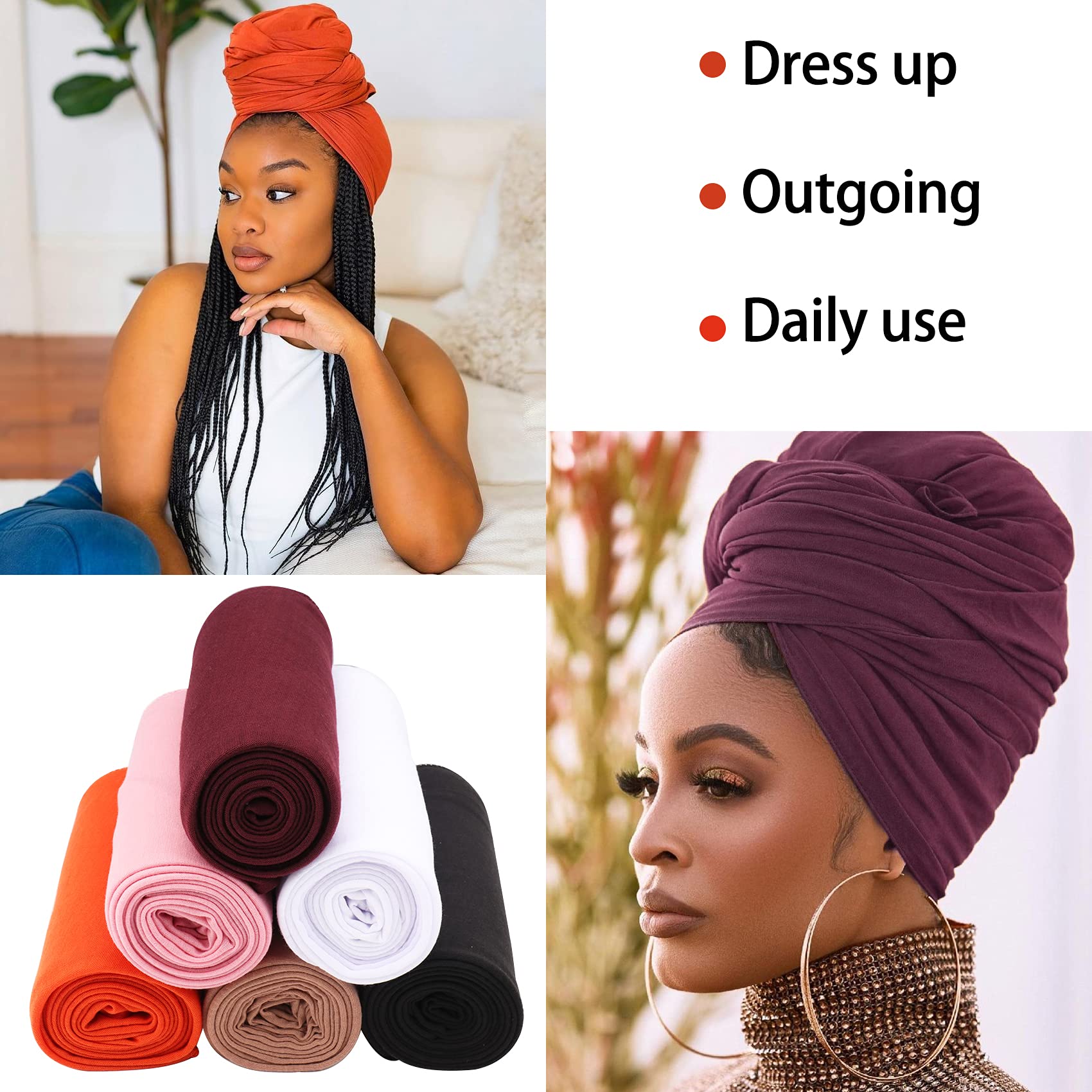 Jelyne 6 Packs Headwraps for Black Women Long Stretch Jersey Head Wrap Hair Scarf Solid Color African Fashion Headwrap