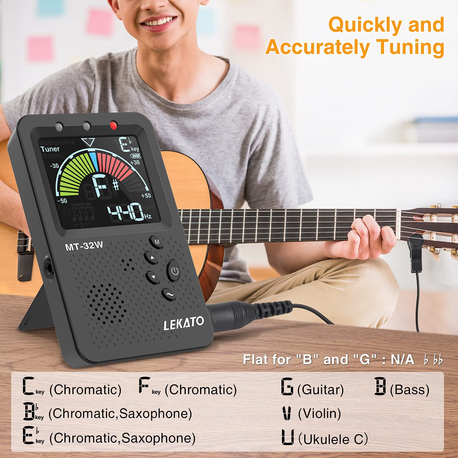 Metronome Tuner, Rechargeable 3 In 1 Digital Metronome with Vocal Count, Tone Generator Tuners for Guitar, Bass, Violin, Ukulele, Chromatic, Clarinet, Trumpet, Flute, All Instruments, Black by LEKATO