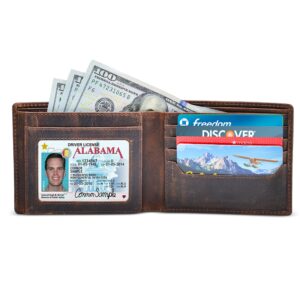 Men's Leather Wallet with RFID Blocking 2 ID Windows in Full Grain Crazy Horse Leather