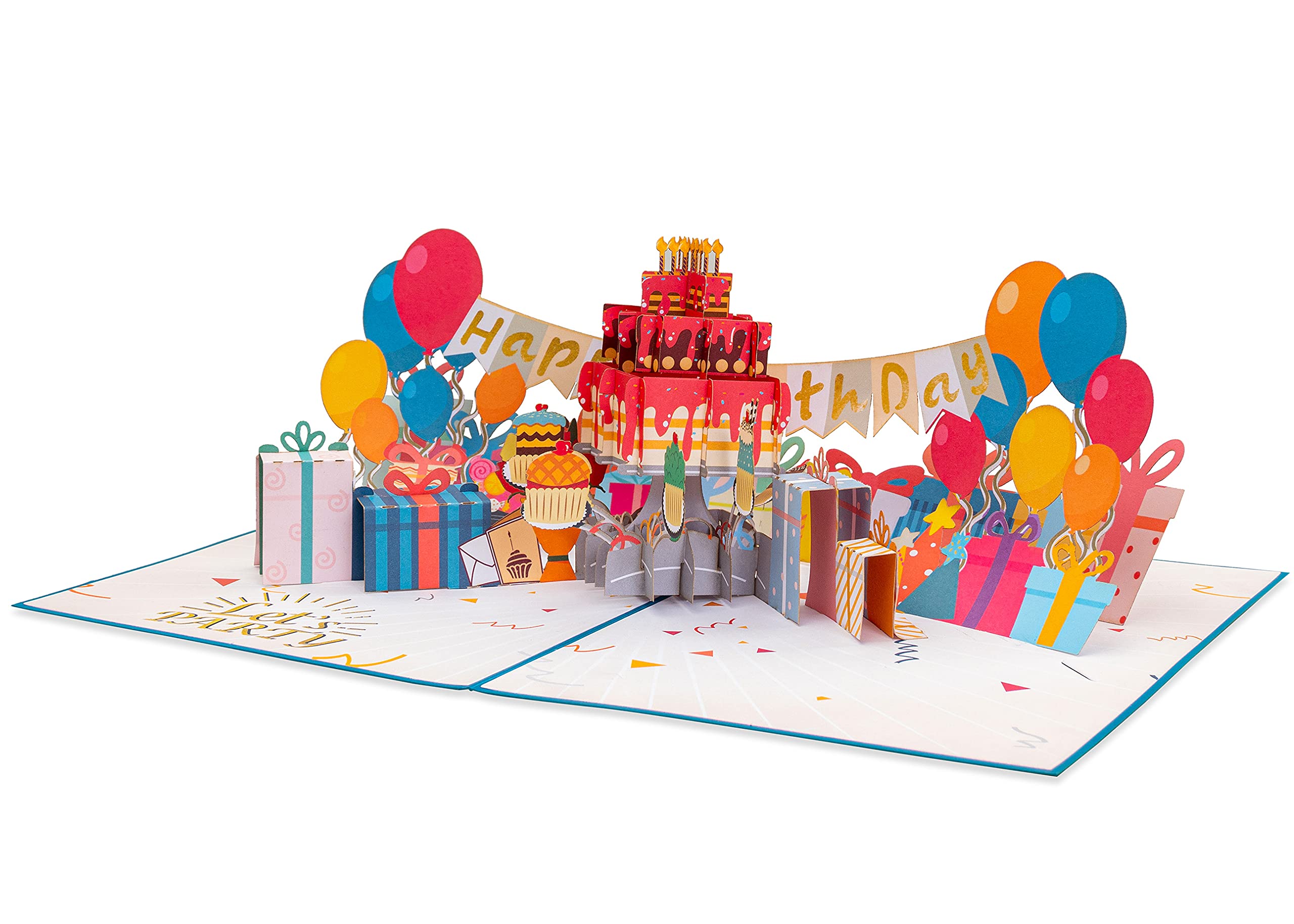 Paper Love Happy Birthday Party, Pop Up Birthday Card, Handmade 3D Popup Bday Greeting Cards, For Him Her Boy Girl Kids Adults, 5" x 7"