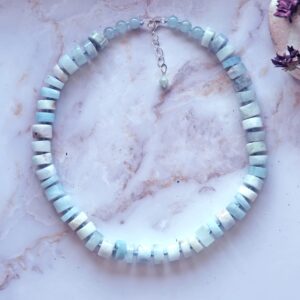 MGR MY GEMS ROCK! Beaded Button-Shape Aquamarine Statement Necklace. Non-Treated Aquamarine Stone Necklace. Collar Necklace, 18-19.50” Long.