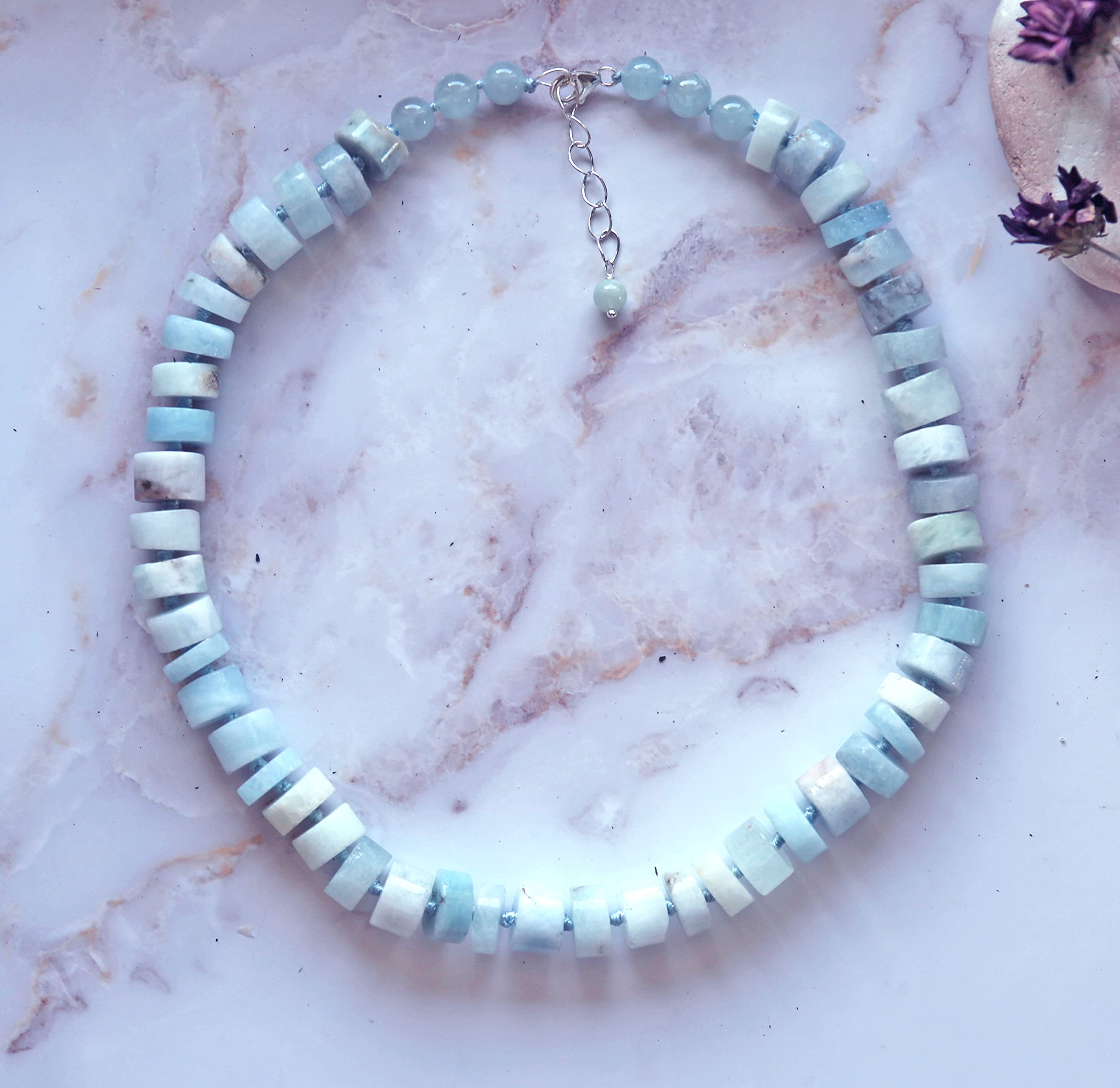 MGR MY GEMS ROCK! Beaded Button-Shape Aquamarine Statement Necklace. Non-Treated Aquamarine Stone Necklace. Collar Necklace, 18-19.50” Long.