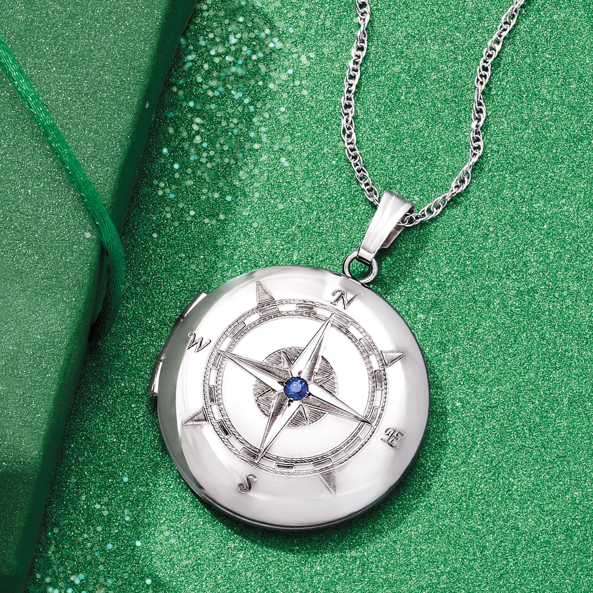 Sterling Silver Compass Locket Necklace With Sapphire Accent. 18 inches