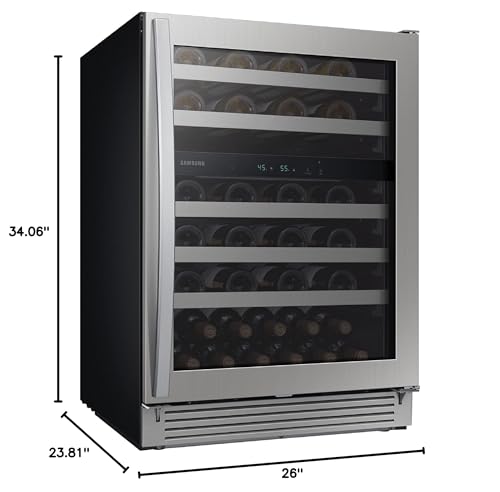 SAMSUNG 34-Inch Wine Cooler Refrigerator, 51 Bottle Capacity, Freestanding, Under Cabinet Fridge w/ Dual Temperature Zones, LED Lighting, Fingerprint Resistant, RW51TS338SR/AA, Stainless Steel