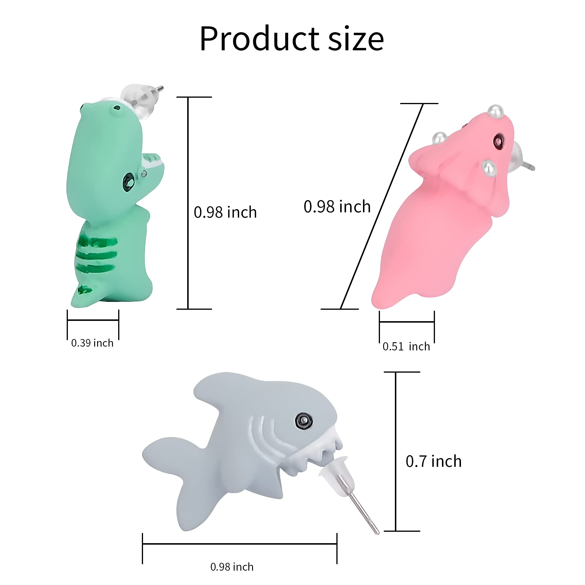 Pure Compression 3 Pair Cute Animal Bite Earrings - 3D Dinosaur Shark Biting Ear Studs - Simple Clay Ear Rings Decors for Girls (PX-ABE-3)