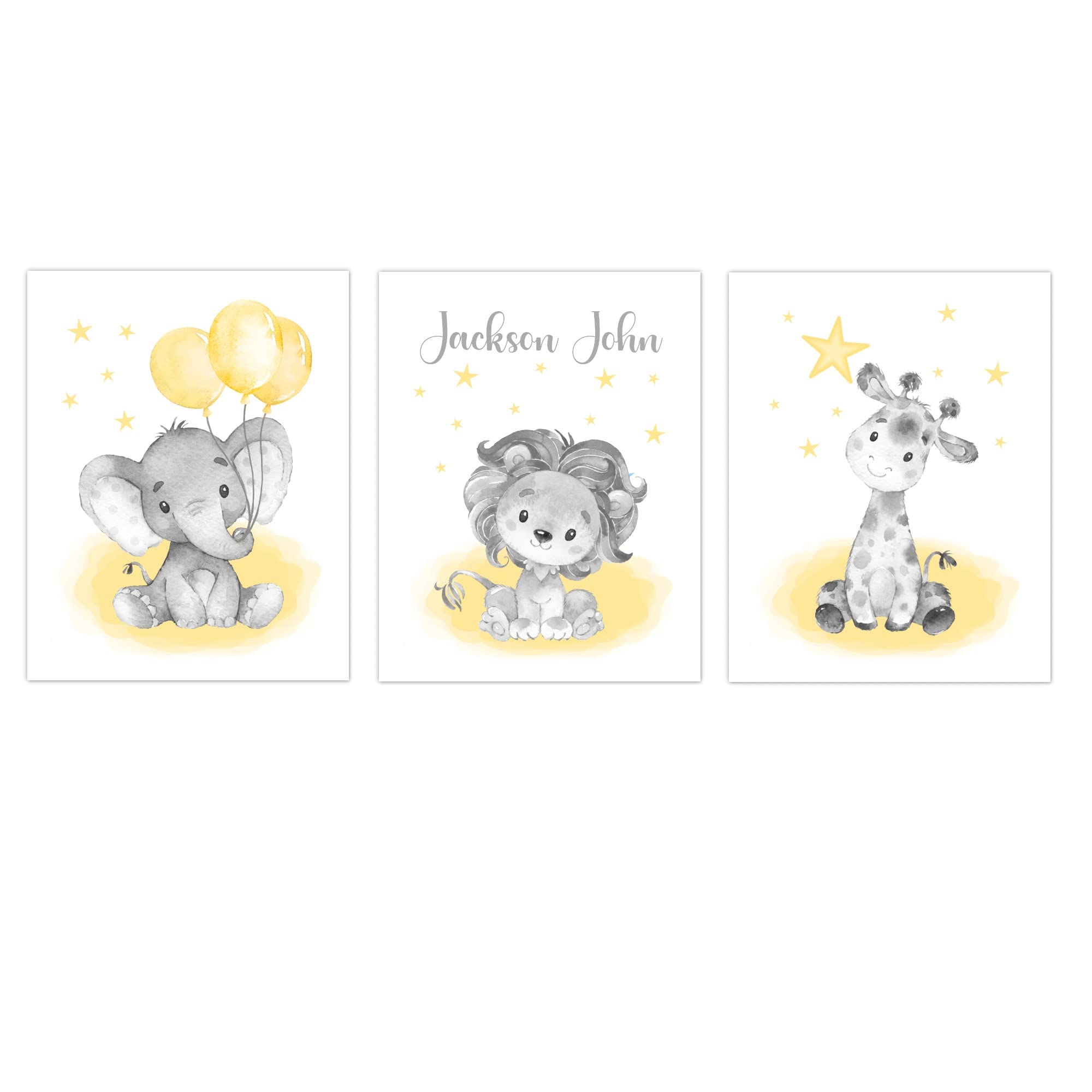 Personalized Baby Nursery Wall Art Gender Neutral Yellow Safari Animals Set of 3 Prints