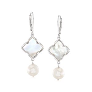 ross-simons 8.5-9mm cultured pearl and 15mm mother-of-pearl drop earrings in sterling silver