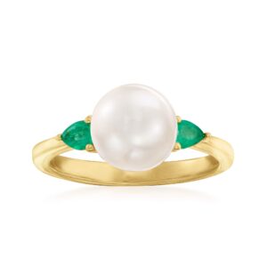 Ross-Simons 8mm Cultured Pearl and .20 ct. t.w. Emerald Ring in 18kt Gold Over Sterling. Size 8