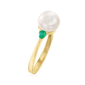 Ross-Simons 8mm Cultured Pearl and .20 ct. t.w. Emerald Ring in 18kt Gold Over Sterling. Size 8