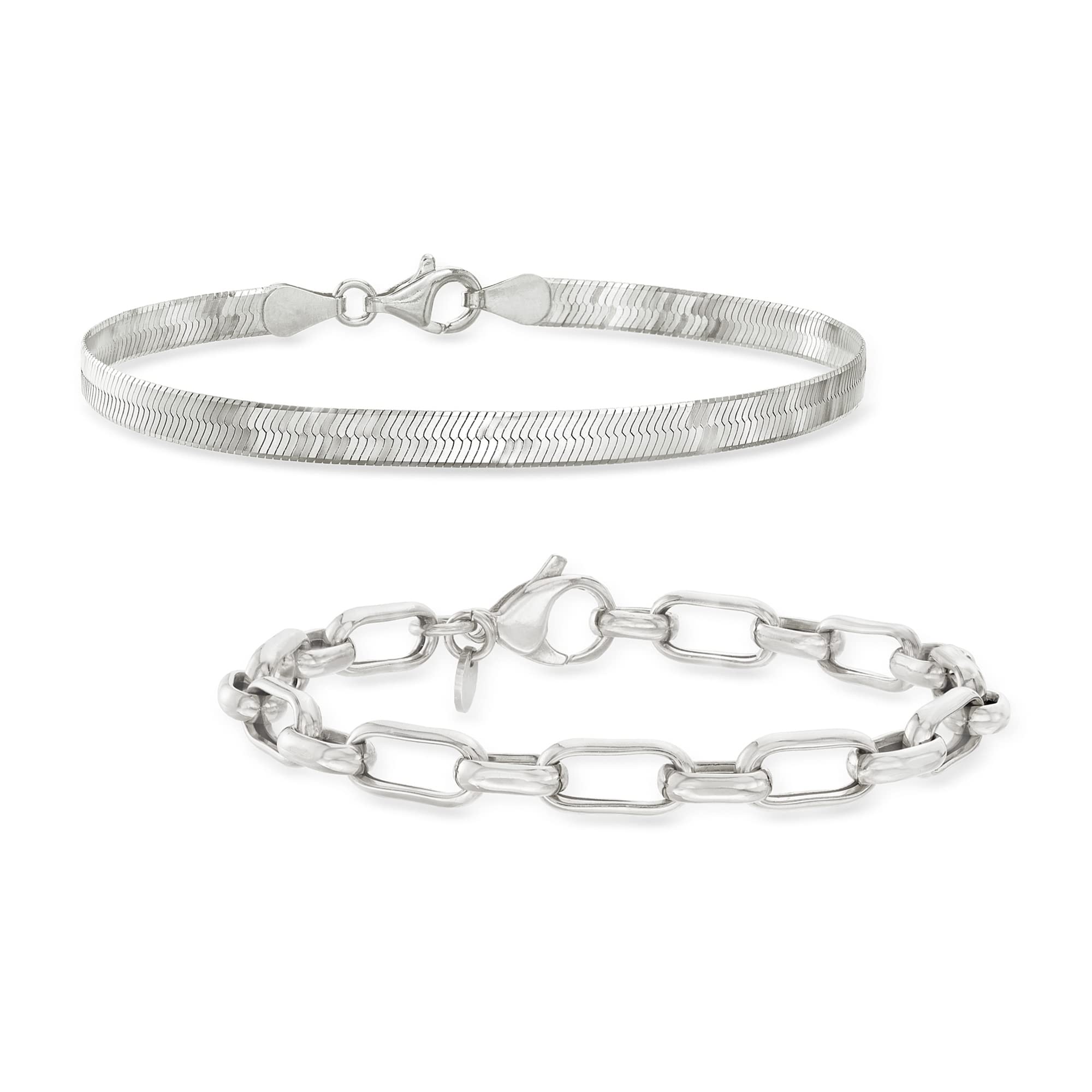 Ross-Simons Sterling Silver Jewelry Set: Herringbone and Paper Clip Link Bracelets. 7 inches