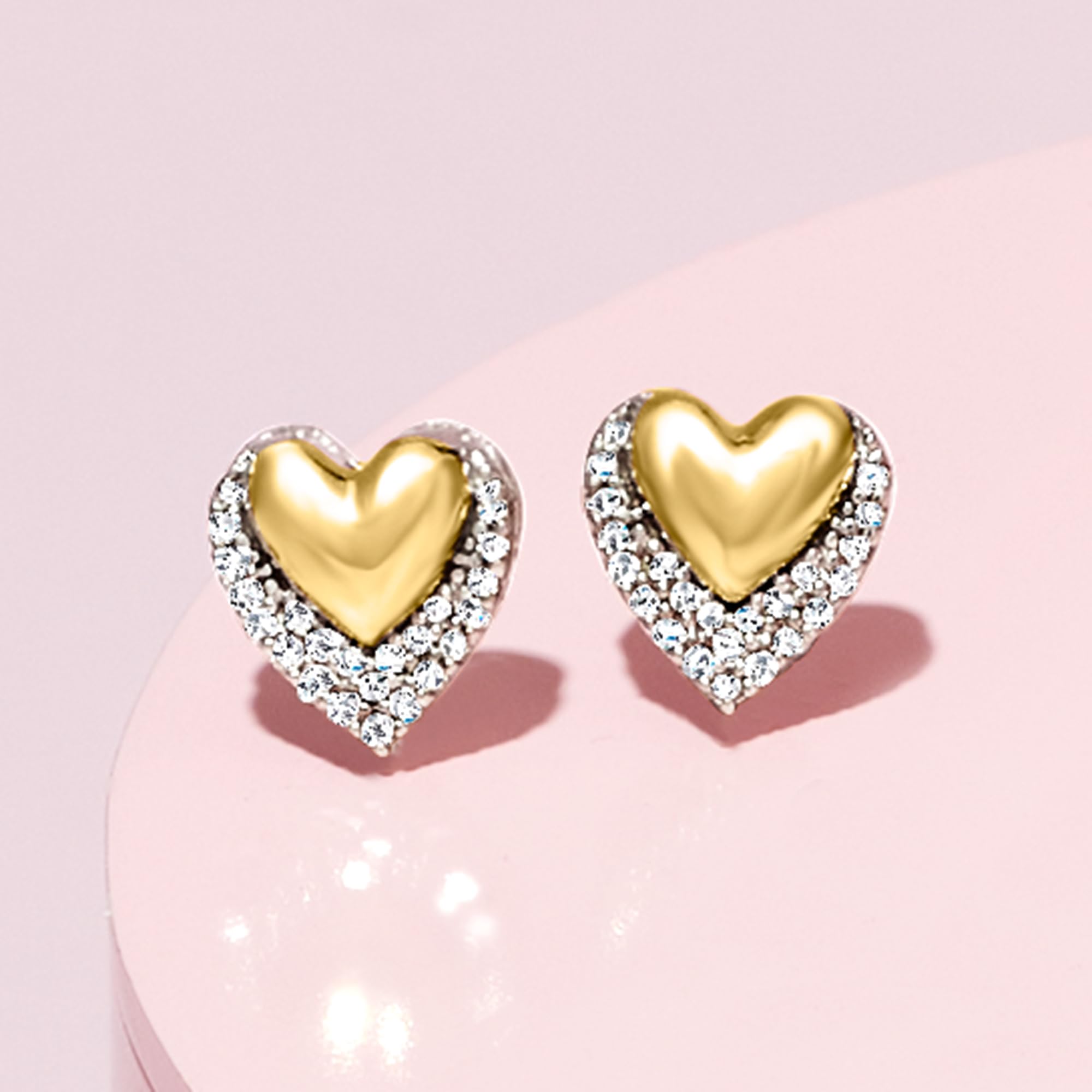 RS Pure by Ross-Simons 0.10 ct. t.w. Diamond Double-Heart Stud Earrings in Sterling Silver and 14kt Yellow Gold