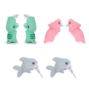 pure compression 3 pair cute animal bite earrings - 3d dinosaur shark biting ear studs - simple clay ear rings decors for girls (px-abe-3)