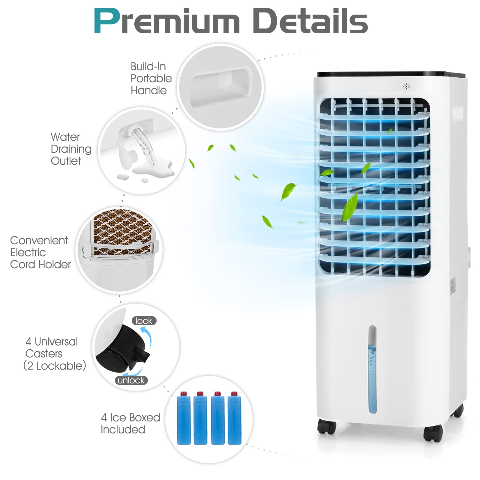 COSTWAY Evaporative Cooler, Include Remote Control, 4 Ice Packs, Bladeless Fan with 4 Wind Modes, 3 Speeds, 7.5H Timer, 12L Water Tank, LED Display, Portable Air Cooler for Indoor Use, Bedroom, White