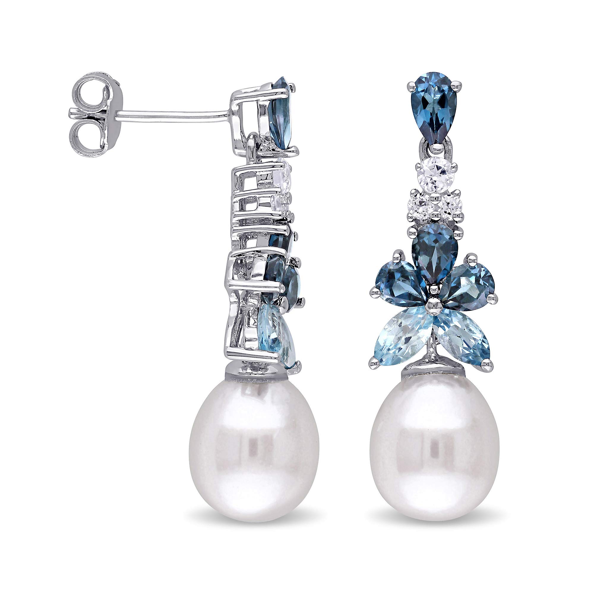 Ross-Simons 8.5-9mm Cultured Pearl and 2.30 ct. t.w. Blue and White Topaz Drop Earrings in Sterling Silver