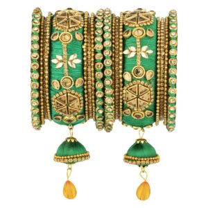 aheli royal designer faux stone studded silk thread bangle set matching chudha with jhumki tassel hanging indian bollywood fashion jewelry for women girls (green 2.8 inch)