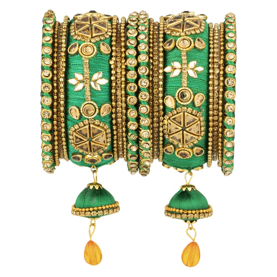 Aheli Royal Designer Faux Stone Studded Silk Thread Bangle Set Matching Chudha with Jhumki Tassel Hanging Indian Bollywood Fashion Jewelry for Women Girls (Green 2.8 Inch)