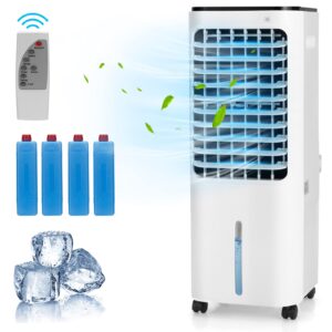 COSTWAY Evaporative Cooler, Include Remote Control, 4 Ice Packs, Bladeless Fan with 4 Wind Modes, 3 Speeds, 7.5H Timer, 12L Water Tank, LED Display, Portable Air Cooler for Indoor Use, Bedroom, White