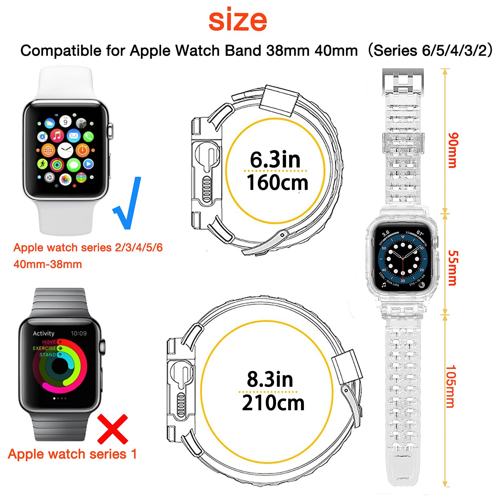 Compatible for Apple Watch Band 40mm 38mm with Protective Case, Men Women Crystal Clear Sporty Protective DropProof Shockproof Case with Premium Soft Fadeless TPU Adjustable Strap Bands for iWatch